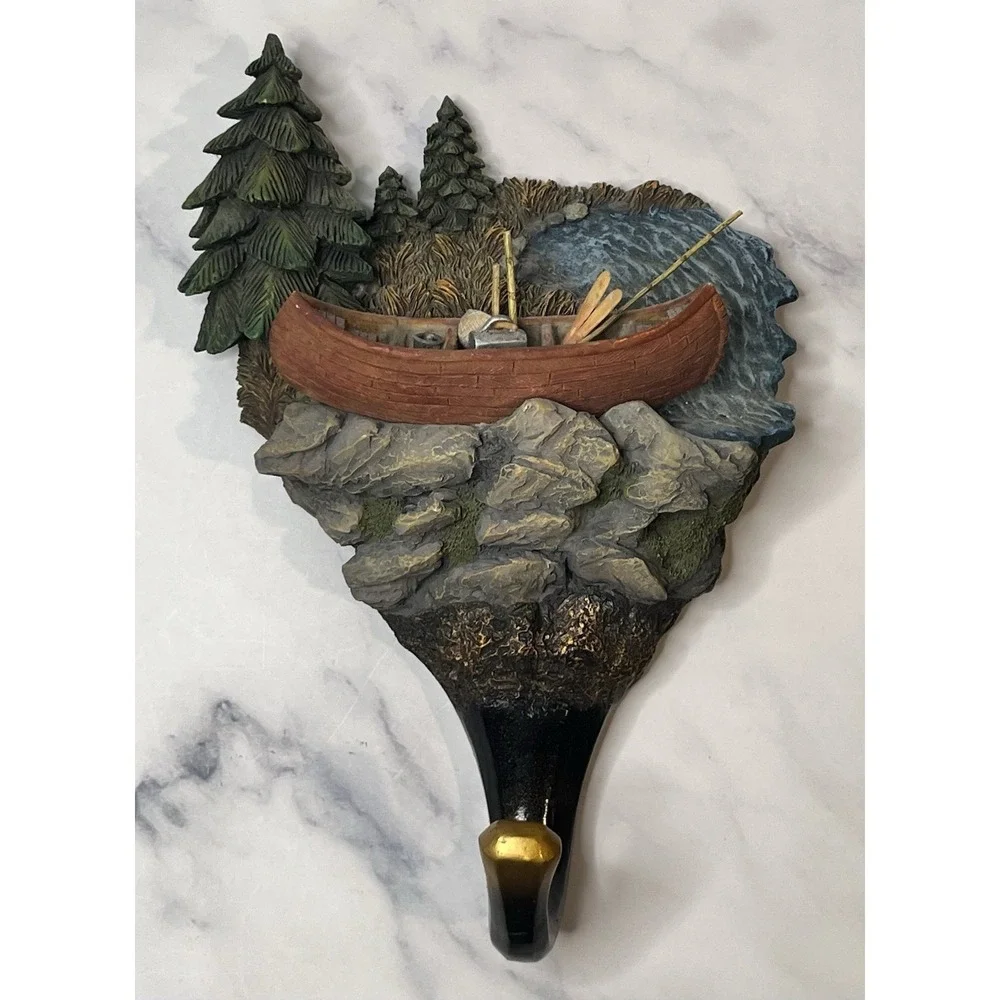 Wall Mount Coat Hanger W/ Detailed Fishing Outdoor Scene Lake House Cabin Decor
